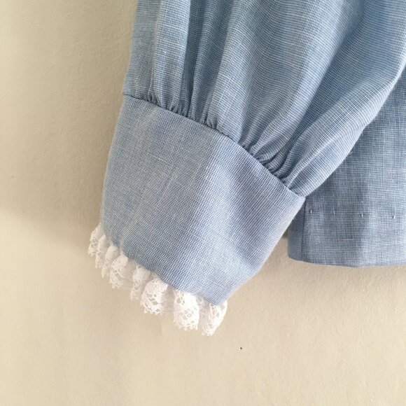 Vintage 1970's Rhoda Lee Lace Trimmed Chambray Button-Up Prairie Blouse - Picture 7 of 10